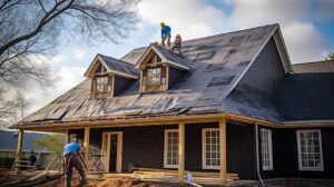A person standing on a residential roof wearing safety gear and using a ladder on a sunny day.