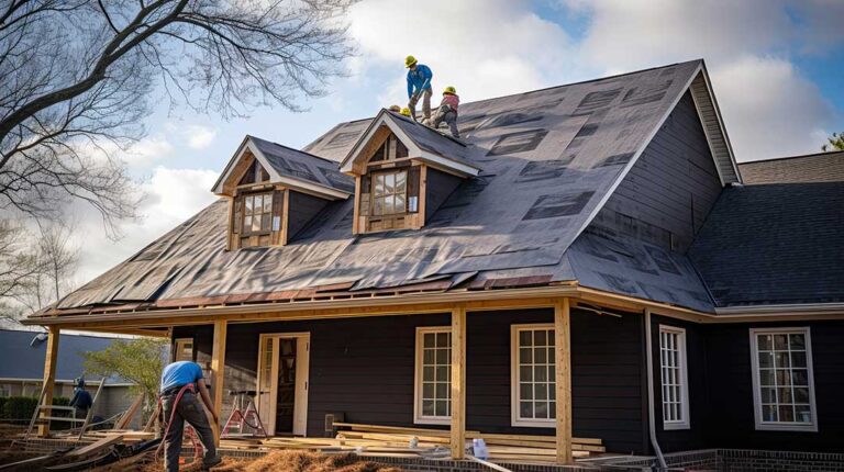 A person standing on a residential roof wearing safety gear and using a ladder on a sunny day.
